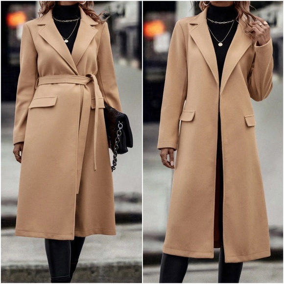 Classic Open Front Belted Long Jacket Coat - Picture 2 of 8